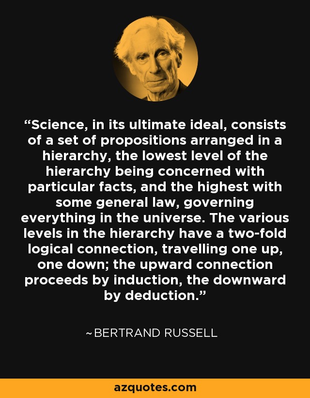 Science, in its ultimate ideal, consists of a set of propositions arranged in a hierarchy, the lowest level of the hierarchy being concerned with particular facts, and the highest with some general law, governing everything in the universe. The various levels in the hierarchy have a two-fold logical connection, travelling one up, one down; the upward connection proceeds by induction, the downward by deduction. - Bertrand Russell