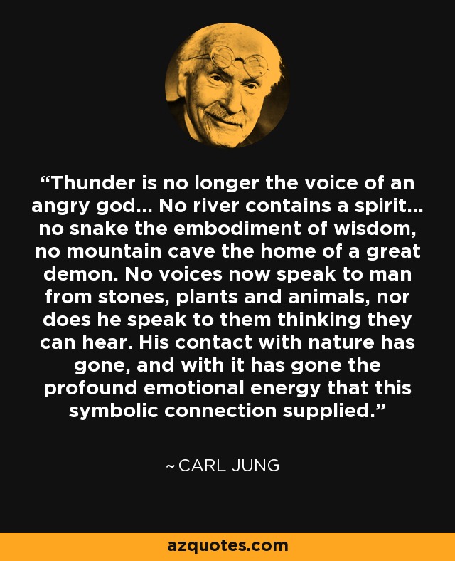 Thunder is no longer the voice of an angry god... No river contains a spirit... no snake the embodiment of wisdom, no mountain cave the home of a great demon. No voices now speak to man from stones, plants and animals, nor does he speak to them thinking they can hear. His contact with nature has gone, and with it has gone the profound emotional energy that this symbolic connection supplied. - Carl Jung