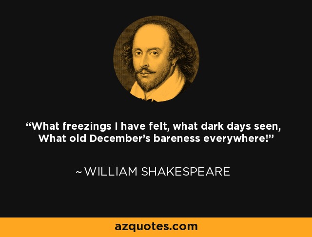What freezings I have felt, what dark days seen, What old December's bareness everywhere! - William Shakespeare