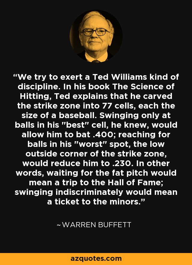 We try to exert a Ted Williams kind of discipline. In his book The Science of Hitting, Ted explains that he carved the strike zone into 77 cells, each the size of a baseball. Swinging only at balls in his 