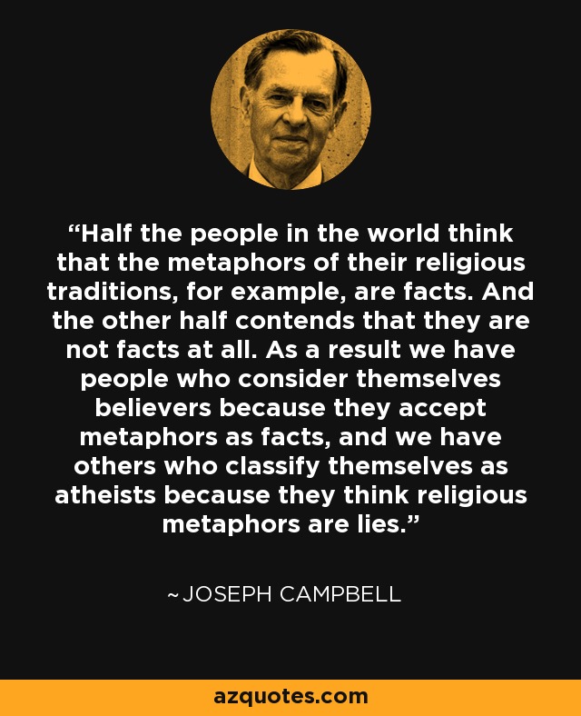 Half the people in the world think that the metaphors of their religious traditions, for example, are facts. And the other half contends that they are not facts at all. As a result we have people who consider themselves believers because they accept metaphors as facts, and we have others who classify themselves as atheists because they think religious metaphors are lies. - Joseph Campbell