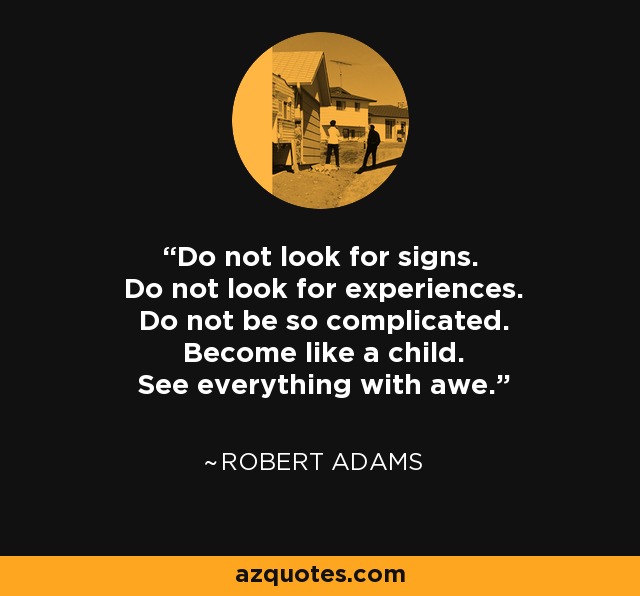 Do not look for signs. Do not look for experiences. Do not be so complicated. Become like a child. See everything with awe. - Robert Adams