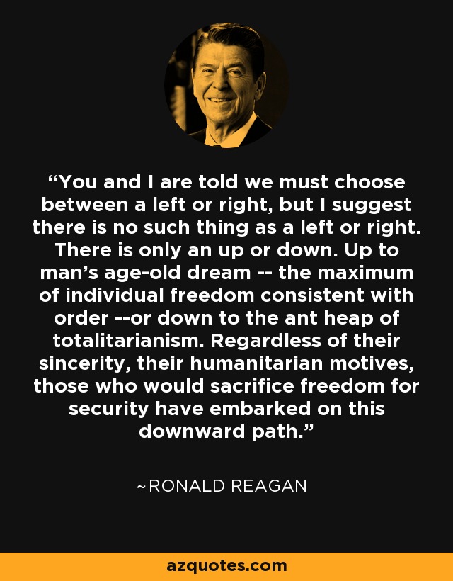 You and I are told we must choose between a left or right, but I suggest there is no such thing as a left or right. There is only an up or down. Up to man's age-old dream -- the maximum of individual freedom consistent with order --or down to the ant heap of totalitarianism. Regardless of their sincerity, their humanitarian motives, those who would sacrifice freedom for security have embarked on this downward path. - Ronald Reagan