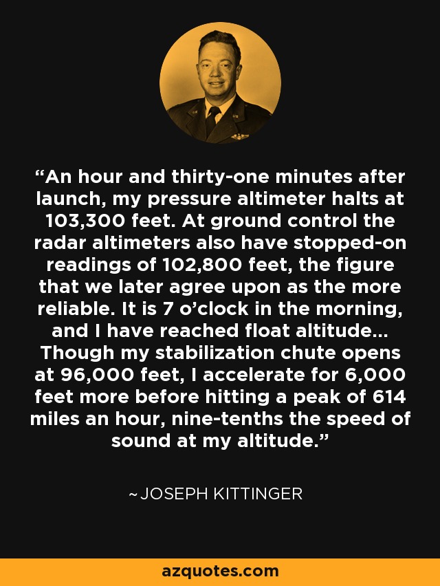 An hour and thirty-one minutes after launch, my pressure altimeter halts at 103,300 feet. At ground control the radar altimeters also have stopped-on readings of 102,800 feet, the figure that we later agree upon as the more reliable. It is 7 o'clock in the morning, and I have reached float altitude... Though my stabilization chute opens at 96,000 feet, I accelerate for 6,000 feet more before hitting a peak of 614 miles an hour, nine-tenths the speed of sound at my altitude. - Joseph Kittinger