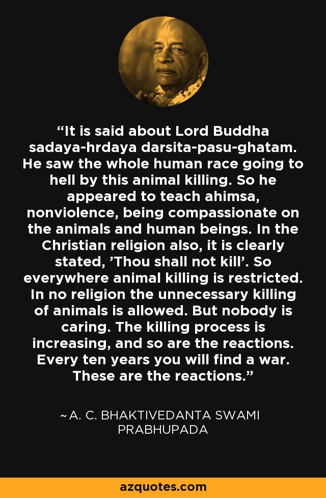 It is said about Lord Buddha sadaya-hrdaya darsita-pasu-ghatam. He saw the whole human race going to hell by this animal killing. So he appeared to teach ahimsa, nonviolence, being compassionate on the animals and human beings. In the Christian religion also, it is clearly stated, 'Thou shall not kill'. So everywhere animal killing is restricted. In no religion the unnecessary killing of animals is allowed. But nobody is caring. The killing process is increasing, and so are the reactions. Every ten years you will find a war. These are the reactions. - A. C. Bhaktivedanta Swami Prabhupada