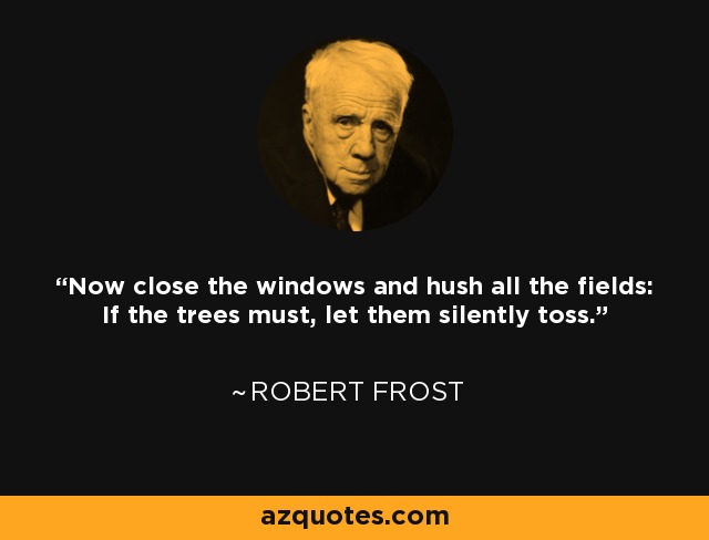 Now close the windows and hush all the fields: If the trees must, let them silently toss. - Robert Frost
