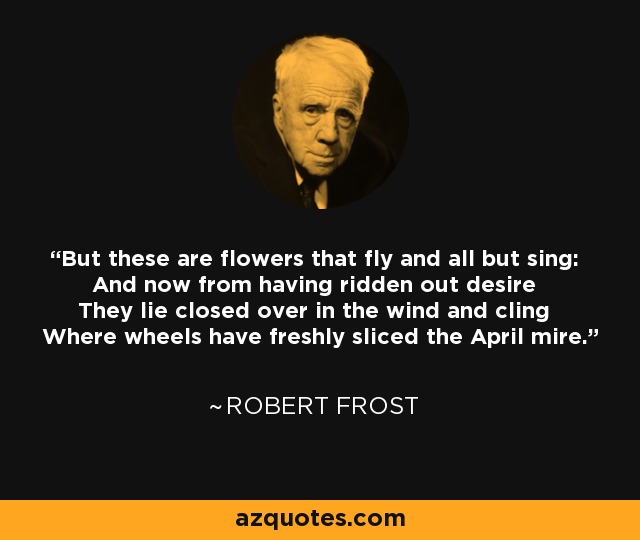 But these are flowers that fly and all but sing: And now from having ridden out desire They lie closed over in the wind and cling Where wheels have freshly sliced the April mire. - Robert Frost