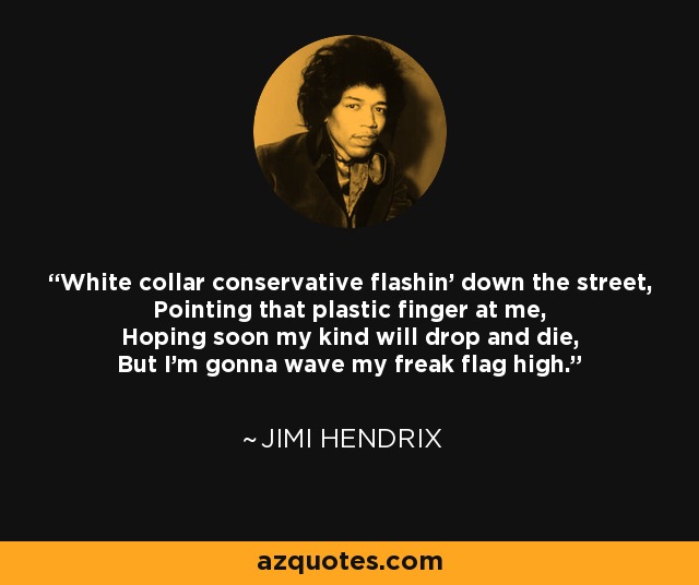 White collar conservative flashin' down the street, Pointing that plastic finger at me, Hoping soon my kind will drop and die, But I'm gonna wave my freak flag high. - Jimi Hendrix
