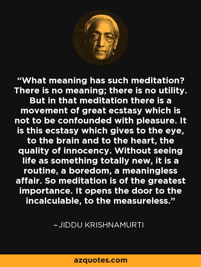 What meaning has such meditation? There is no meaning; there is no utility. But in that meditation there is a movement of great ecstasy which is not to be confounded with pleasure. It is this ecstasy which gives to the eye, to the brain and to the heart, the quality of innocency. Without seeing life as something totally new, it is a routine, a boredom, a meaningless affair. So meditation is of the greatest importance. It opens the door to the incalculable, to the measureless. - Jiddu Krishnamurti