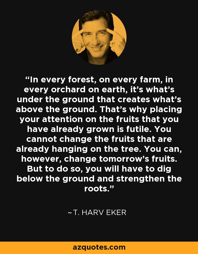 In every forest, on every farm, in every orchard on earth, it's what's under the ground that creates what's above the ground. That's why placing your attention on the fruits that you have already grown is futile. You cannot change the fruits that are already hanging on the tree. You can, however, change tomorrow's fruits. But to do so, you will have to dig below the ground and strengthen the roots. - T. Harv Eker