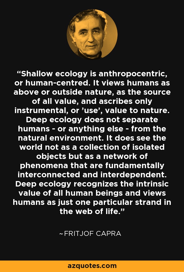 Shallow ecology is anthropocentric, or human-centred. It views humans as above or outside nature, as the source of all value, and ascribes only instrumental, or 'use', value to nature. Deep ecology does not separate humans - or anything else - from the natural environment. It does see the world not as a collection of isolated objects but as a network of phenomena that are fundamentally interconnected and interdependent. Deep ecology recognizes the intrinsic value of all human beings and views humans as just one particular strand in the web of life. - Fritjof Capra