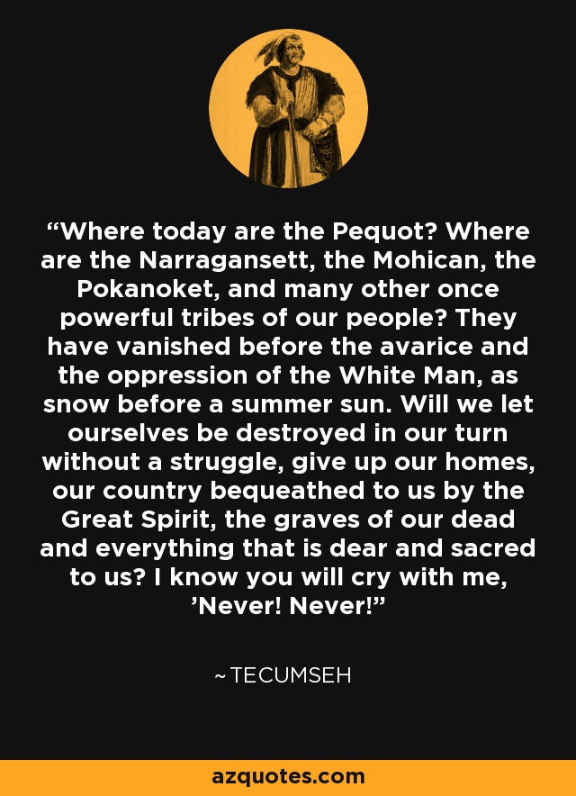 Where today are the Pequot? Where are the Narragansett, the Mohican, the Pokanoket, and many other once powerful tribes of our people? They have vanished before the avarice and the oppression of the White Man, as snow before a summer sun. Will we let ourselves be destroyed in our turn without a struggle, give up our homes, our country bequeathed to us by the Great Spirit, the graves of our dead and everything that is dear and sacred to us? I know you will cry with me, 'Never! Never!' - Tecumseh