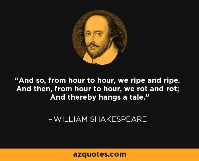 And so, from hour to hour, we ripe and ripe. And then, from hour to hour, we rot and rot; And thereby hangs a tale. - William Shakespeare