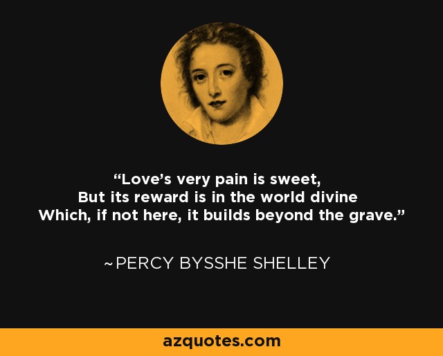 Love's very pain is sweet, But its reward is in the world divine Which, if not here, it builds beyond the grave. - Percy Bysshe Shelley