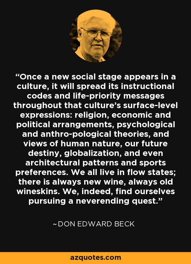Once a new social stage appears in a culture, it will spread its instructional codes and life-priority messages throughout that culture's surface-level expressions: religion, economic and political arrangements, psychological and anthro-pological theories, and views of human nature, our future destiny, globalization, and even architectural patterns and sports preferences. We all live in flow states; there is always new wine, always old wineskins. We, indeed, find ourselves pursuing a neverending quest. - Don Edward Beck