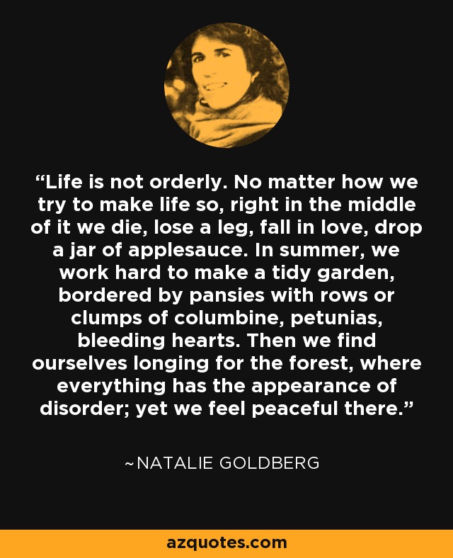 Life is not orderly. No matter how we try to make life so, right in the middle of it we die, lose a leg, fall in love, drop a jar of applesauce. In summer, we work hard to make a tidy garden, bordered by pansies with rows or clumps of columbine, petunias, bleeding hearts. Then we find ourselves longing for the forest, where everything has the appearance of disorder; yet we feel peaceful there. - Natalie Goldberg