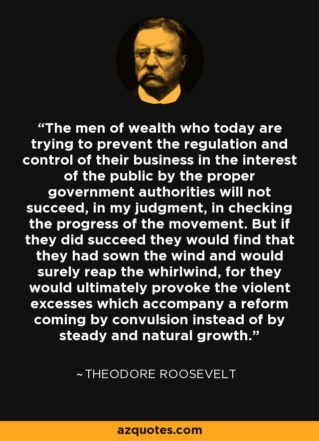 The men of wealth who today are trying to prevent the regulation and control of their business in the interest of the public by the proper government authorities will not succeed, in my judgment, in checking the progress of the movement. But if they did succeed they would find that they had sown the wind and would surely reap the whirlwind, for they would ultimately provoke the violent excesses which accompany a reform coming by convulsion instead of by steady and natural growth. - Theodore Roosevelt
