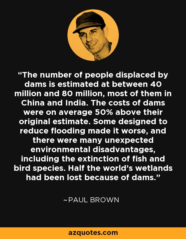 The number of people displaced by dams is estimated at between 40 million and 80 million, most of them in China and India. The costs of dams were on average 50% above their original estimate. Some designed to reduce flooding made it worse, and there were many unexpected environmental disadvantages, including the extinction of fish and bird species. Half the world's wetlands had been lost because of dams. - Paul Brown