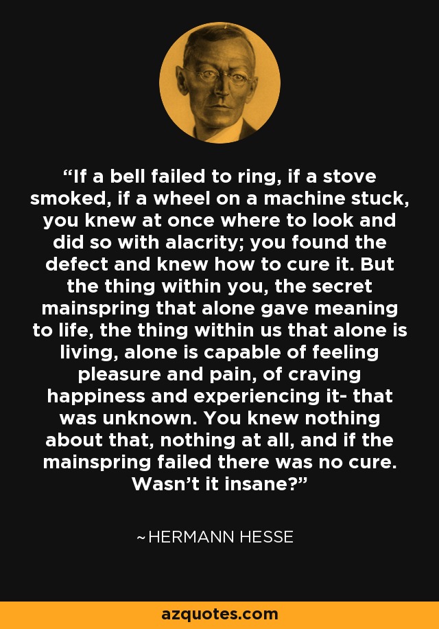 If a bell failed to ring, if a stove smoked, if a wheel on a machine stuck, you knew at once where to look and did so with alacrity; you found the defect and knew how to cure it. But the thing within you, the secret mainspring that alone gave meaning to life, the thing within us that alone is living, alone is capable of feeling pleasure and pain, of craving happiness and experiencing it- that was unknown. You knew nothing about that, nothing at all, and if the mainspring failed there was no cure. Wasn't it insane? - Hermann Hesse