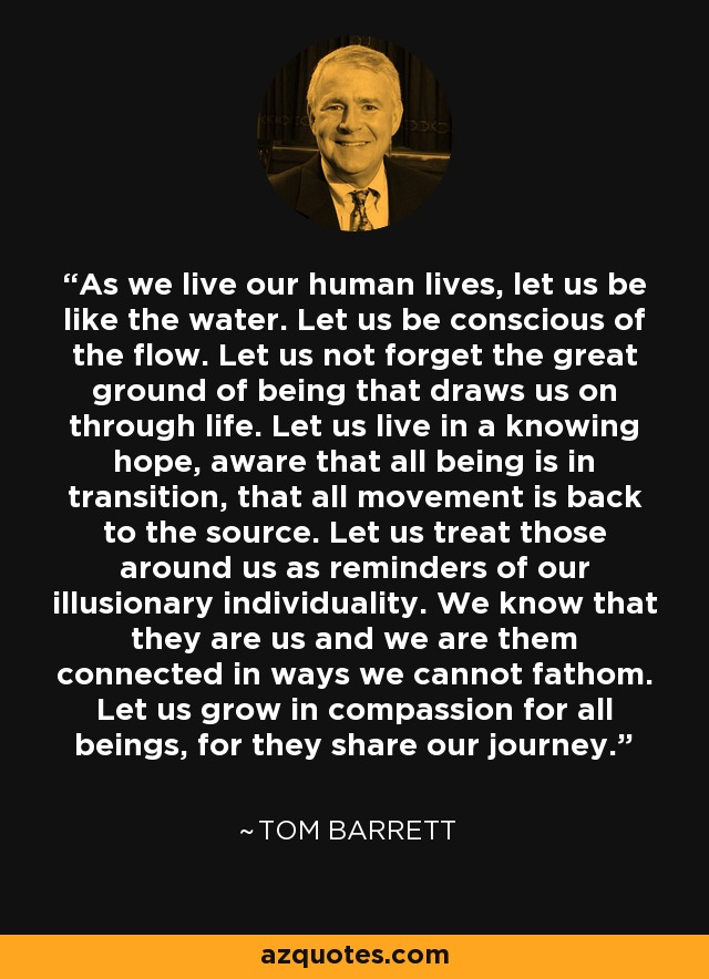 As we live our human lives, let us be like the water. Let us be conscious of the flow. Let us not forget the great ground of being that draws us on through life. Let us live in a knowing hope, aware that all being is in transition, that all movement is back to the source. Let us treat those around us as reminders of our illusionary individuality. We know that they are us and we are them connected in ways we cannot fathom. Let us grow in compassion for all beings, for they share our journey. - Tom Barrett