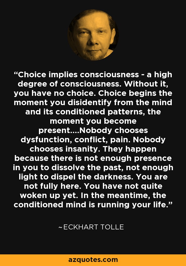 Choice implies consciousness - a high degree of consciousness. Without it, you have no choice. Choice begins the moment you disidentify from the mind and its conditioned patterns, the moment you become present....Nobody chooses dysfunction, conflict, pain. Nobody chooses insanity. They happen because there is not enough presence in you to dissolve the past, not enough light to dispel the darkness. You are not fully here. You have not quite woken up yet. In the meantime, the conditioned mind is running your life. - Eckhart Tolle