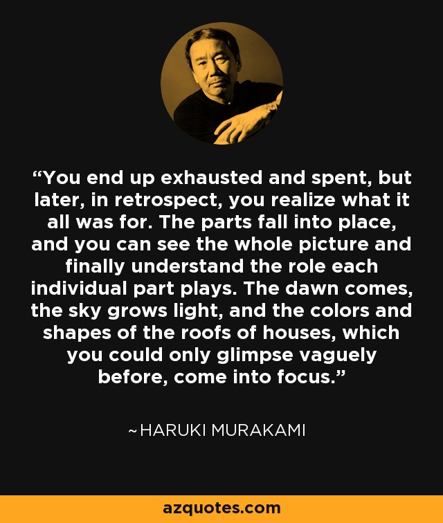 You end up exhausted and spent, but later, in retrospect, you realize what it all was for. The parts fall into place, and you can see the whole picture and finally understand the role each individual part plays. The dawn comes, the sky grows light, and the colors and shapes of the roofs of houses, which you could only glimpse vaguely before, come into focus. - Haruki Murakami