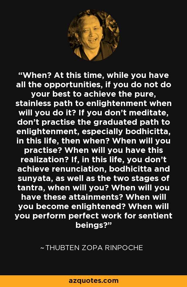 When? At this time, while you have all the opportunities, if you do not do your best to achieve the pure, stainless path to enlightenment when will you do it? If you don't meditate, don't practise the graduated path to enlightenment, especially bodhicitta, in this life, then when? When will you practise? When will you have this realization? If, in this life, you don't achieve renunciation, bodhicitta and sunyata, as well as the two stages of tantra, when will you? When will you have these attainments? When will you become enlightened? When will you perform perfect work for sentient beings? - Thubten Zopa Rinpoche