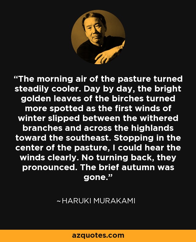 The morning air of the pasture turned steadily cooler. Day by day, the bright golden leaves of the birches turned more spotted as the first winds of winter slipped between the withered branches and across the highlands toward the southeast. Stopping in the center of the pasture, I could hear the winds clearly. No turning back, they pronounced. The brief autumn was gone. - Haruki Murakami