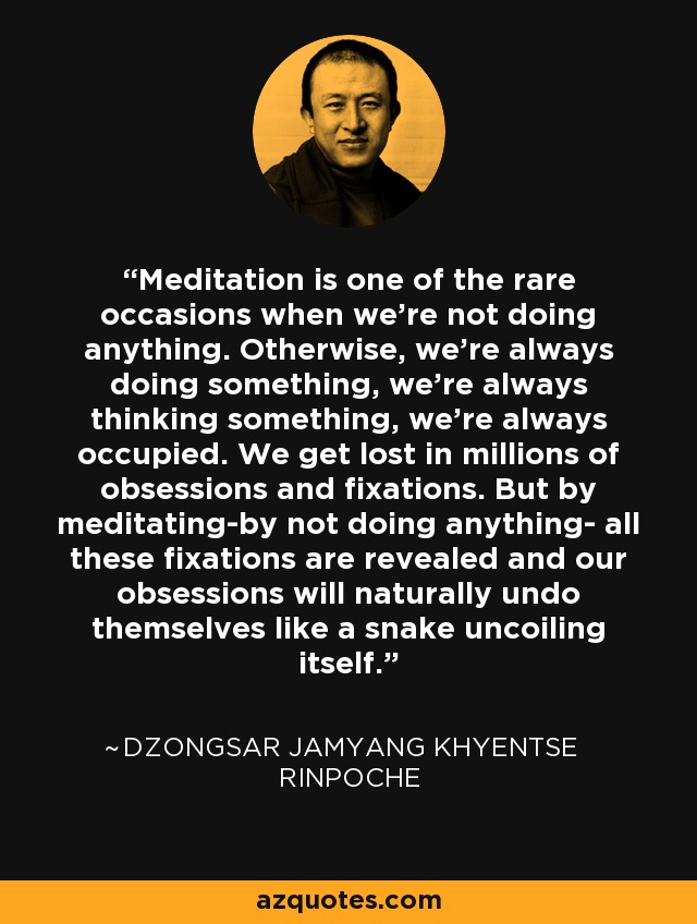 Meditation is one of the rare occasions when we're not doing anything. Otherwise, we're always doing something, we're always thinking something, we're always occupied. We get lost in millions of obsessions and fixations. But by meditating-by not doing anything- all these fixations are revealed and our obsessions will naturally undo themselves like a snake uncoiling itself. - Dzongsar Jamyang Khyentse Rinpoche