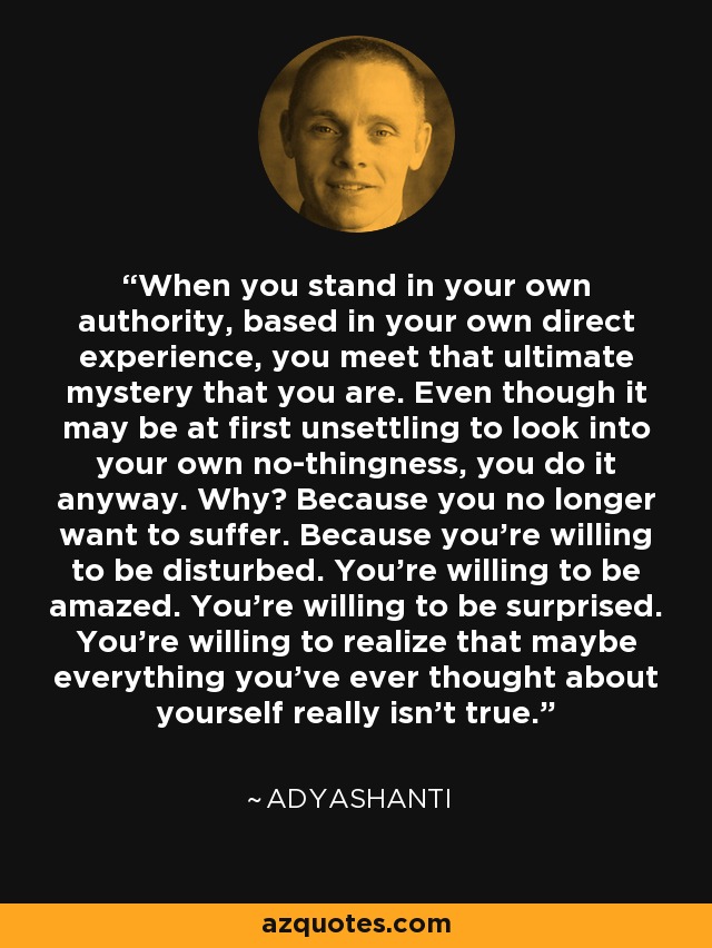 When you stand in your own authority, based in your own direct experience, you meet that ultimate mystery that you are. Even though it may be at first unsettling to look into your own no-thingness, you do it anyway. Why? Because you no longer want to suffer. Because you're willing to be disturbed. You're willing to be amazed. You're willing to be surprised. You're willing to realize that maybe everything you've ever thought about yourself really isn't true. - Adyashanti