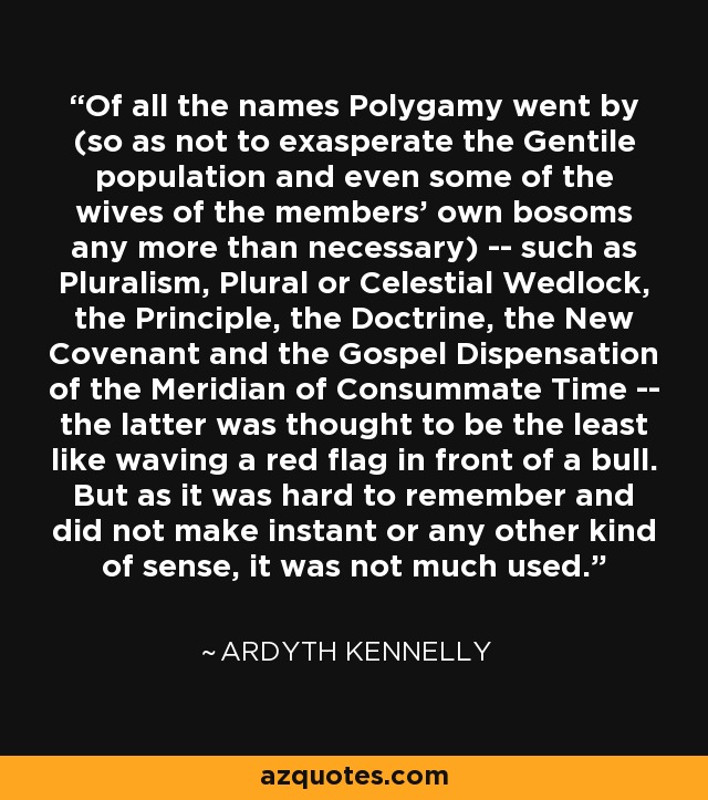 Of all the names Polygamy went by (so as not to exasperate the Gentile population and even some of the wives of the members' own bosoms any more than necessary) -- such as Pluralism, Plural or Celestial Wedlock, the Principle, the Doctrine, the New Covenant and the Gospel Dispensation of the Meridian of Consummate Time -- the latter was thought to be the least like waving a red flag in front of a bull. But as it was hard to remember and did not make instant or any other kind of sense, it was not much used. - Ardyth Kennelly