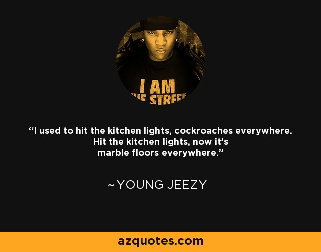 I used to hit the kitchen lights, cockroaches everywhere. Hit the kitchen lights, now it's marble floors everywhere. - Young Jeezy