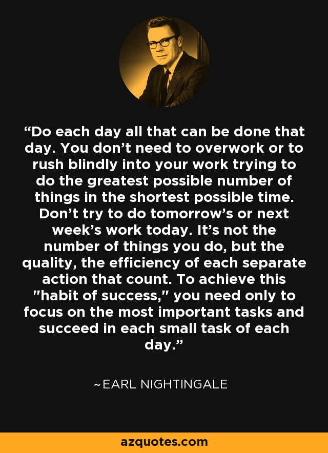 Do each day all that can be done that day. You don't need to overwork or to rush blindly into your work trying to do the greatest possible number of things in the shortest possible time. Don't try to do tomorrow's or next week's work today. It's not the number of things you do, but the quality, the efficiency of each separate action that count. To achieve this 