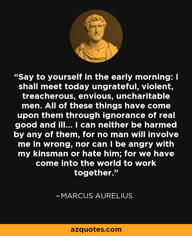 Say to yourself in the early morning: I shall meet today ungrateful, violent, treacherous, envious, uncharitable men. All of these things have come upon them through ignorance of real good and ill... I can neither be harmed by any of them, for no man will involve me in wrong, nor can I be angry with my kinsman or hate him; for we have come into the world to work together. - Marcus Aurelius