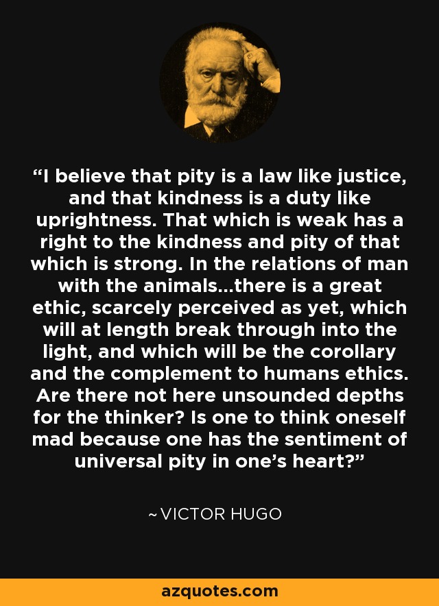 I believe that pity is a law like justice, and that kindness is a duty like uprightness. That which is weak has a right to the kindness and pity of that which is strong. In the relations of man with the animals...there is a great ethic, scarcely perceived as yet, which will at length break through into the light, and which will be the corollary and the complement to humans ethics. Are there not here unsounded depths for the thinker? Is one to think oneself mad because one has the sentiment of universal pity in one's heart? - Victor Hugo