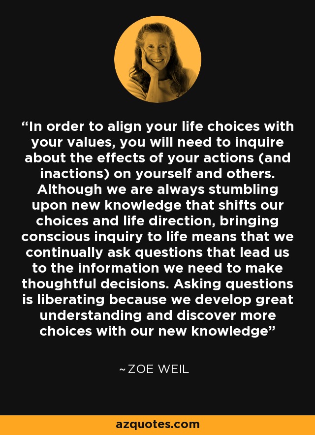 In order to align your life choices with your values, you will need to inquire about the effects of your actions (and inactions) on yourself and others. Although we are always stumbling upon new knowledge that shifts our choices and life direction, bringing conscious inquiry to life means that we continually ask questions that lead us to the information we need to make thoughtful decisions. Asking questions is liberating because we develop great understanding and discover more choices with our new knowledge - Zoe Weil