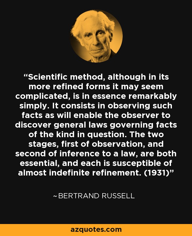 Scientific method, although in its more refined forms it may seem complicated, is in essence remarkably simply. It consists in observing such facts as will enable the observer to discover general laws governing facts of the kind in question. The two stages, first of observation, and second of inference to a law, are both essential, and each is susceptible of almost indefinite refinement. (1931) - Bertrand Russell