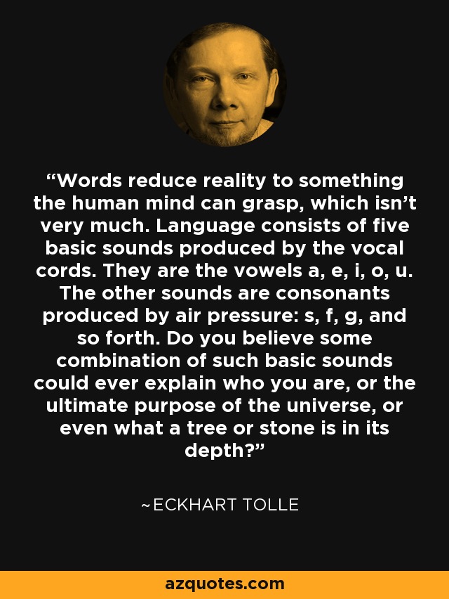 Words reduce reality to something the human mind can grasp, which isn’t very much. Language consists of five basic sounds produced by the vocal cords. They are the vowels a, e, i, o, u. The other sounds are consonants produced by air pressure: s, f, g, and so forth. Do you believe some combination of such basic sounds could ever explain who you are, or the ultimate purpose of the universe, or even what a tree or stone is in its depth? - Eckhart Tolle