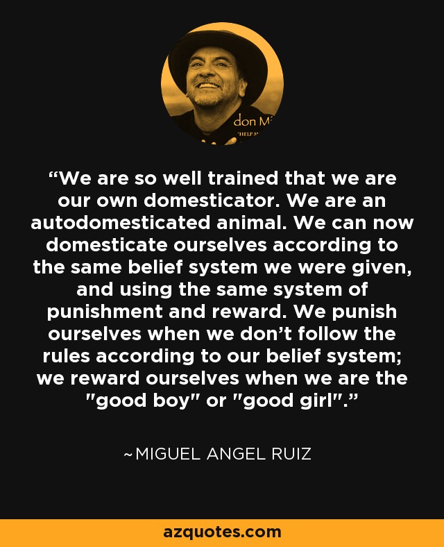 We are so well trained that we are our own domesticator. We are an autodomesticated animal. We can now domesticate ourselves according to the same belief system we were given, and using the same system of punishment and reward. We punish ourselves when we don't follow the rules according to our belief system; we reward ourselves when we are the 