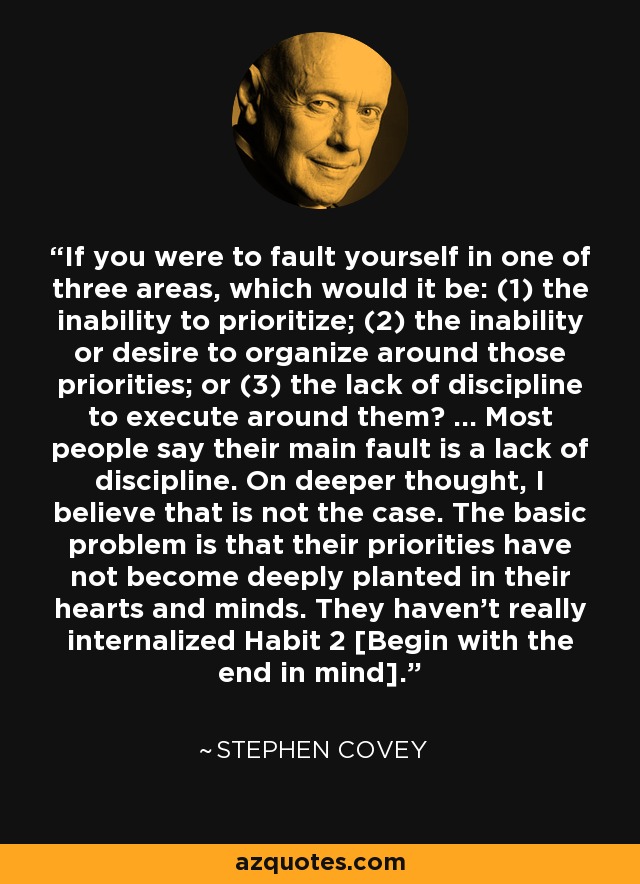 If you were to fault yourself in one of three areas, which would it be: (1) the inability to prioritize; (2) the inability or desire to organize around those priorities; or (3) the lack of discipline to execute around them? ... Most people say their main fault is a lack of discipline. On deeper thought, I believe that is not the case. The basic problem is that their priorities have not become deeply planted in their hearts and minds. They haven't really internalized Habit 2 [Begin with the end in mind]. - Stephen Covey