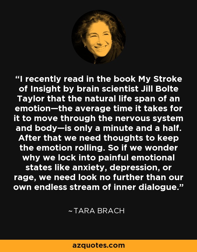 I recently read in the book My Stroke of Insight by brain scientist Jill Bolte Taylor that the natural life span of an emotion—the average time it takes for it to move through the nervous system and body—is only a minute and a half. After that we need thoughts to keep the emotion rolling. So if we wonder why we lock into painful emotional states like anxiety, depression, or rage, we need look no further than our own endless stream of inner dialogue. - Tara Brach