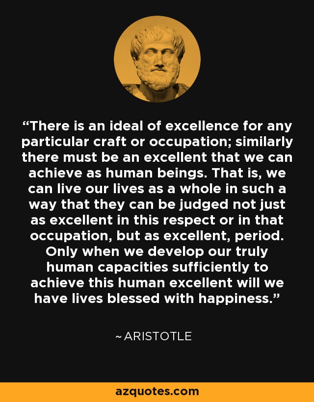 There is an ideal of excellence for any particular craft or occupation; similarly there must be an excellent that we can achieve as human beings. That is, we can live our lives as a whole in such a way that they can be judged not just as excellent in this respect or in that occupation, but as excellent, period. Only when we develop our truly human capacities sufficiently to achieve this human excellent will we have lives blessed with happiness. - Aristotle
