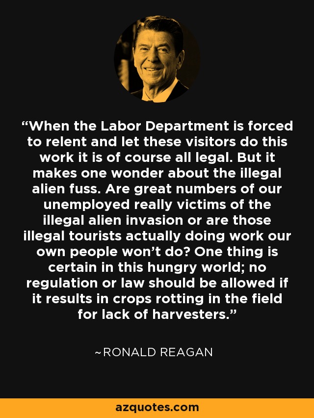 When the Labor Department is forced to relent and let these visitors do this work it is of course all legal. But it makes one wonder about the illegal alien fuss. Are great numbers of our unemployed really victims of the illegal alien invasion or are those illegal tourists actually doing work our own people won't do? One thing is certain in this hungry world; no regulation or law should be allowed if it results in crops rotting in the field for lack of harvesters. - Ronald Reagan
