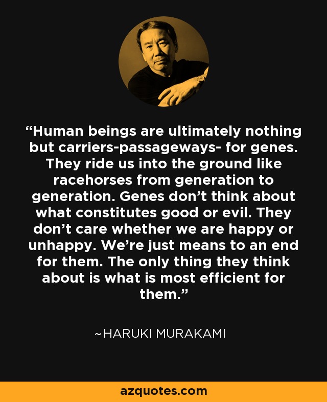 Human beings are ultimately nothing but carriers-passageways- for genes. They ride us into the ground like racehorses from generation to generation. Genes don't think about what constitutes good or evil. They don't care whether we are happy or unhappy. We're just means to an end for them. The only thing they think about is what is most efficient for them. - Haruki Murakami