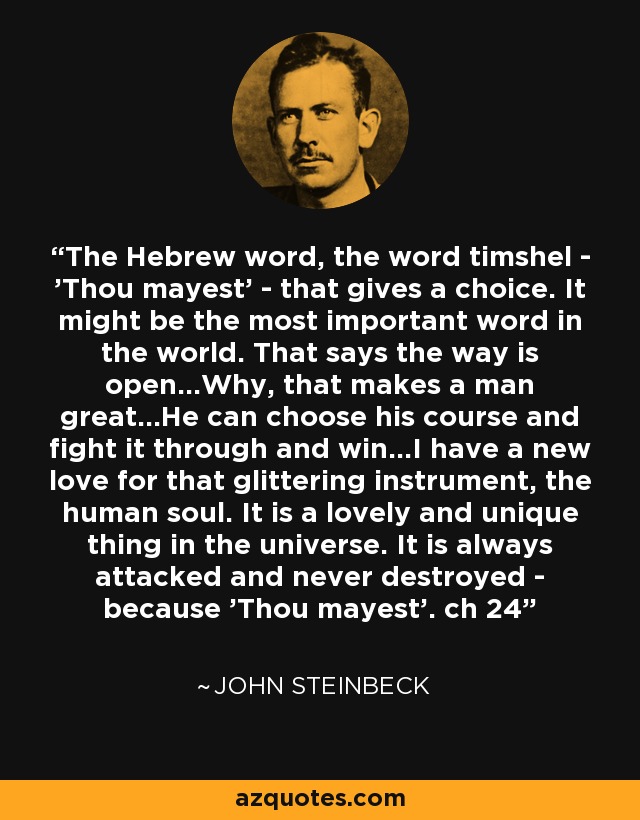 The Hebrew word, the word timshel - 'Thou mayest' - that gives a choice. It might be the most important word in the world. That says the way is open...Why, that makes a man great...He can choose his course and fight it through and win...I have a new love for that glittering instrument, the human soul. It is a lovely and unique thing in the universe. It is always attacked and never destroyed - because 'Thou mayest'. ch 24 - John Steinbeck