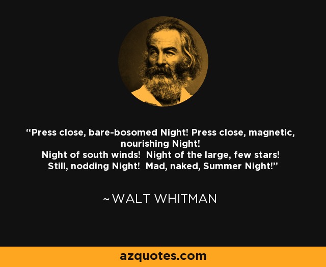 Press close, bare-bosomed Night! Press close, magnetic, nourishing Night! Night of south winds! Night of the large, few stars! Still, nodding Night! Mad, naked, Summer Night! - Walt Whitman