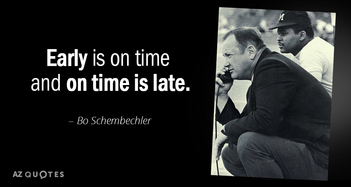Bo Schembechler quote: Early is on time and on time is late.
