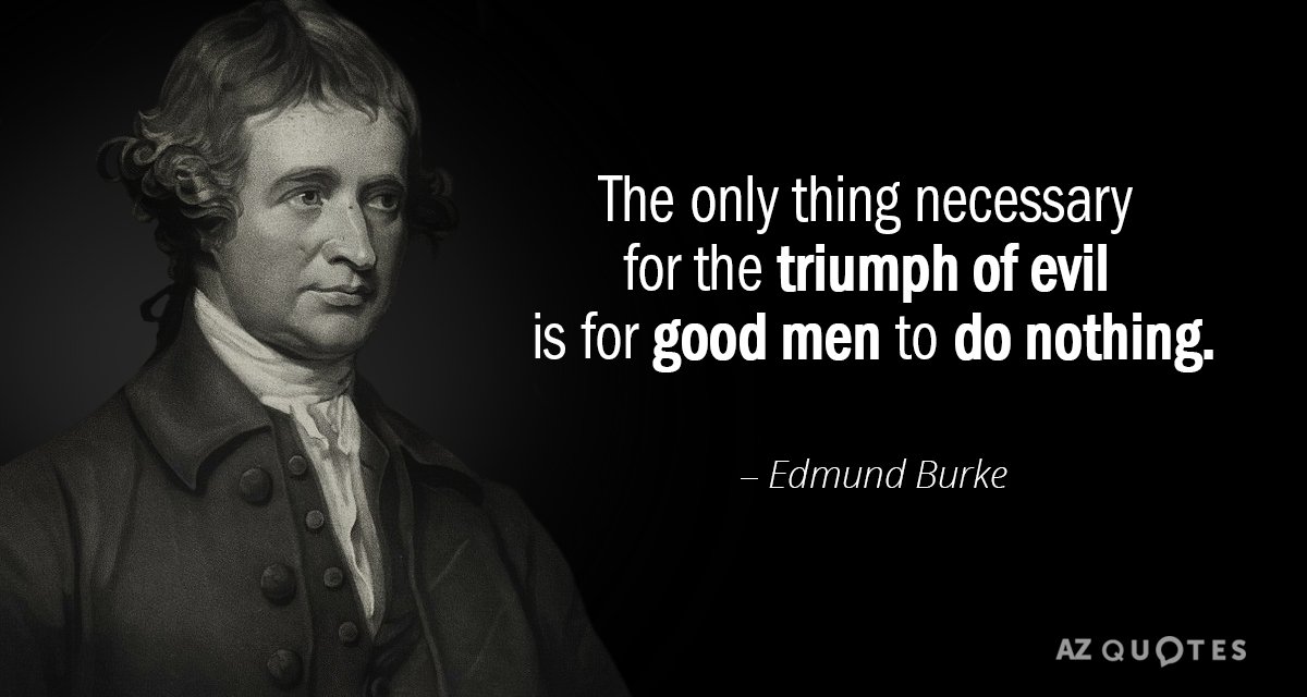 The only thing necessary for the triumph of evil is for good men to do nothing. - Edmund Burke